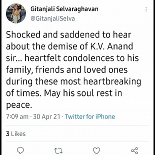 Gitanjali Selvaraghavan's Condolence message